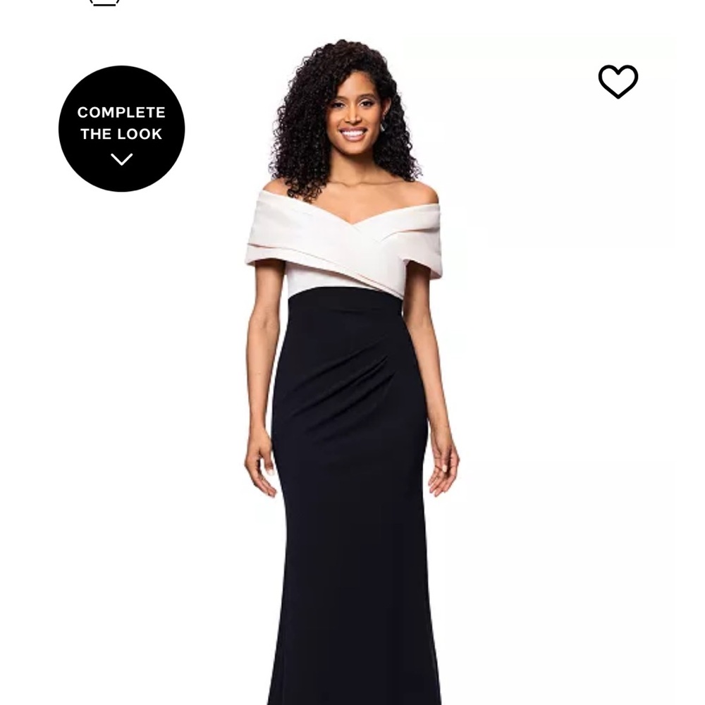 Betsy & Adam Black and White Off-Shoulder Maxi Gown